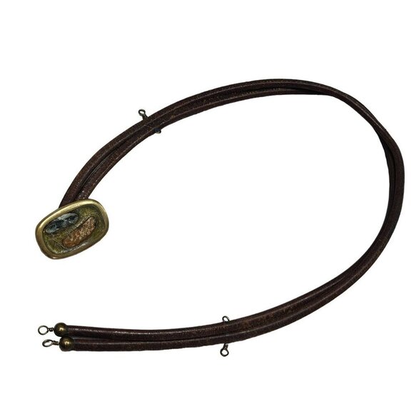 Brass Inlay Buckle Double-Layer Leather Belt Stone Accents Possibly Homemade - Picture 2 of 11